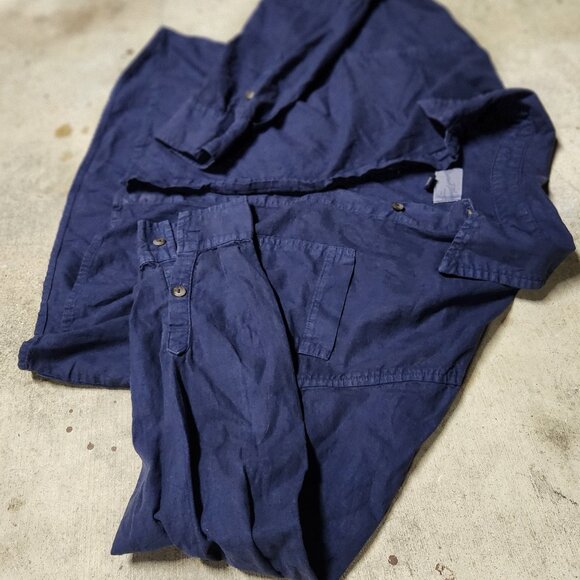 🧵Universal Thread🪡Cotton Linen Cropped Button-Up Shirt S-NAVY BLUE - Picture 2 of 5
